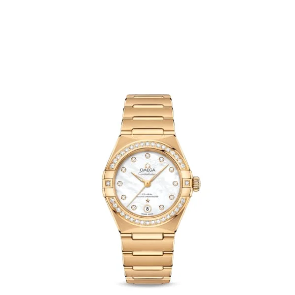 Omega Watches: Swiss Precision and Timeless Elegance –Omega Constellation 29mm Watch - Ref: 131.55.29.20.55.002 - White Mother of Pearl Diamond Index Dial & Diamond Bezel, 18K Yellow Gold Bracelet