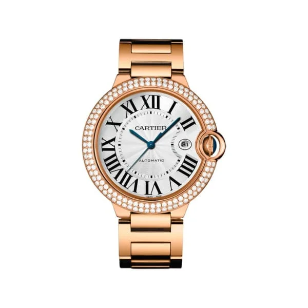 Explore the Latest Cartier Timepieces –Cartier Ballon Bleu de Cartier 42mm Watch - Ref: WE9008Z3 - Silver Roman Dial & Diamond Bezel, 18K Rose Gold Bracelet