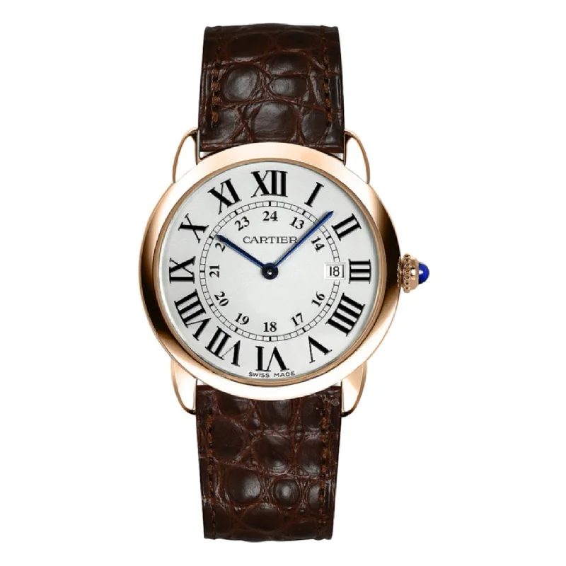 Shop Cartier Watches for the True Connoisseur –Cartier Ronde Solo de Cartier 36mm Watch - Ref: W6701008 - Silver Roman & Arabic Dial in 18K Rose Gold Case, Brown Leather Strap