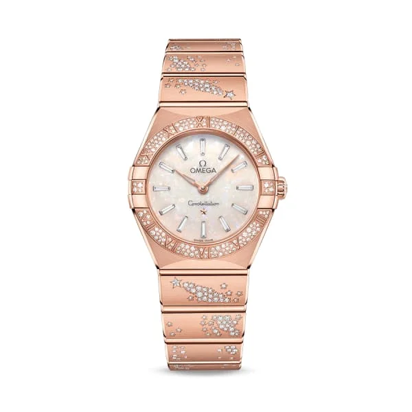 Discover Omega’s Signature Timepieces –Omega Constellation 28mm Watch - Ref: 131.55.28.60.99.001 - White Australian Opal Diamond Index Dial, 18K Rose Gold Pave Diamond Bracelet