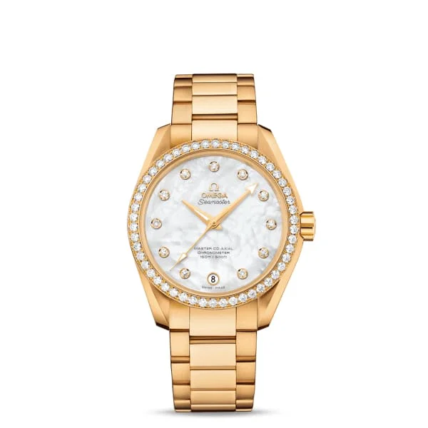 Shop Omega Watches Online –Omega Seamaster 39mm Watch - Ref: 231.55.39.21.55.002 - White Mother of Pearl Diamond Index Dial & Diamond Bezel, 18K Yellow Gold Bracelet