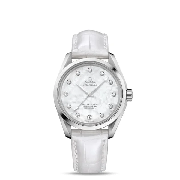 Shop Omega Watches for Timeless Design –Omega Seamaster 39mm Watch - Ref: 231.13.39.21.55.002 - White Mother of Pearl Diamond Index Dial, White Leather Strap