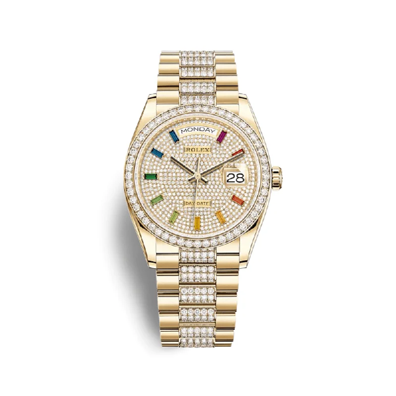 Explore Rolex Watches with Premium Craftsmanship –Rolex Day-Date 128348RBR Yellow Gold Diamond Bezel Diamond Paved Dial