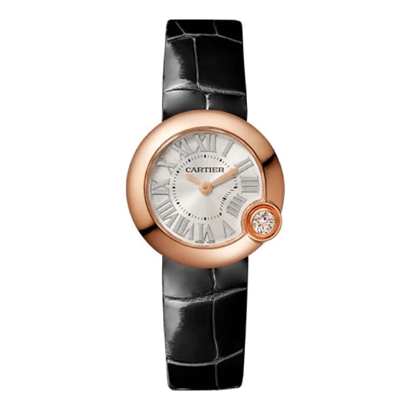 Explore the Collection of Cartier Watches –Cartier Ballon Blanc de Cartier 26mm Women's watch - Ref: WGBL0002 - Silver Roman Dial & Diamond Bezel in 18K Rose Gold Case, Black Alligator Strap