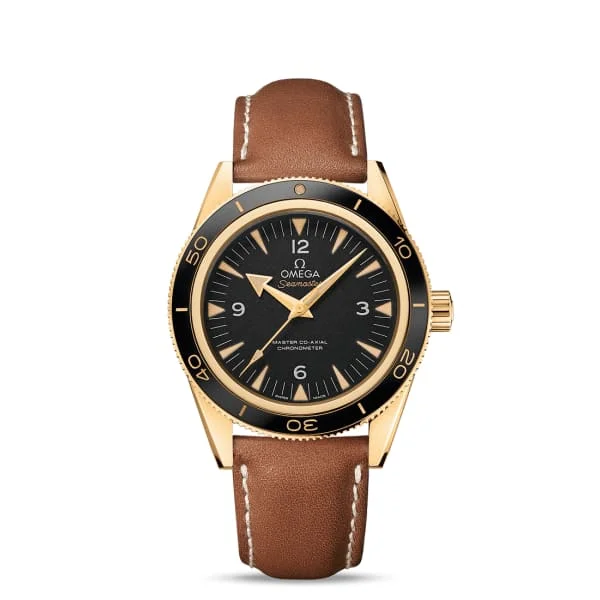 Shop Omega Watches for Exclusive Models –Omega Seamaster 41mm Watch - Ref: 233.62.41.21.01.001 - Black Index Dial in 18K Yellow Gold Case, Brown Leather Strap