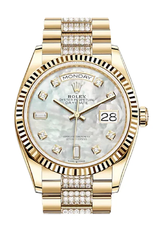 Explore the Latest Rolex Models –ROLEX Day-Date 36 White Mother-of-Pearl Diamond Dial 18K Yellow Gold Watch Diamond set president Bracelet 128238