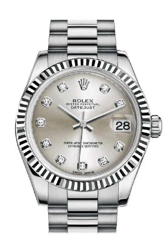 Iconic Rolex Watches for Sale –Rolex Datejust 31 Silver Diamond Dial Fluted Bezel 18K White Gold President Ladies Watch 178279 Pre-owned